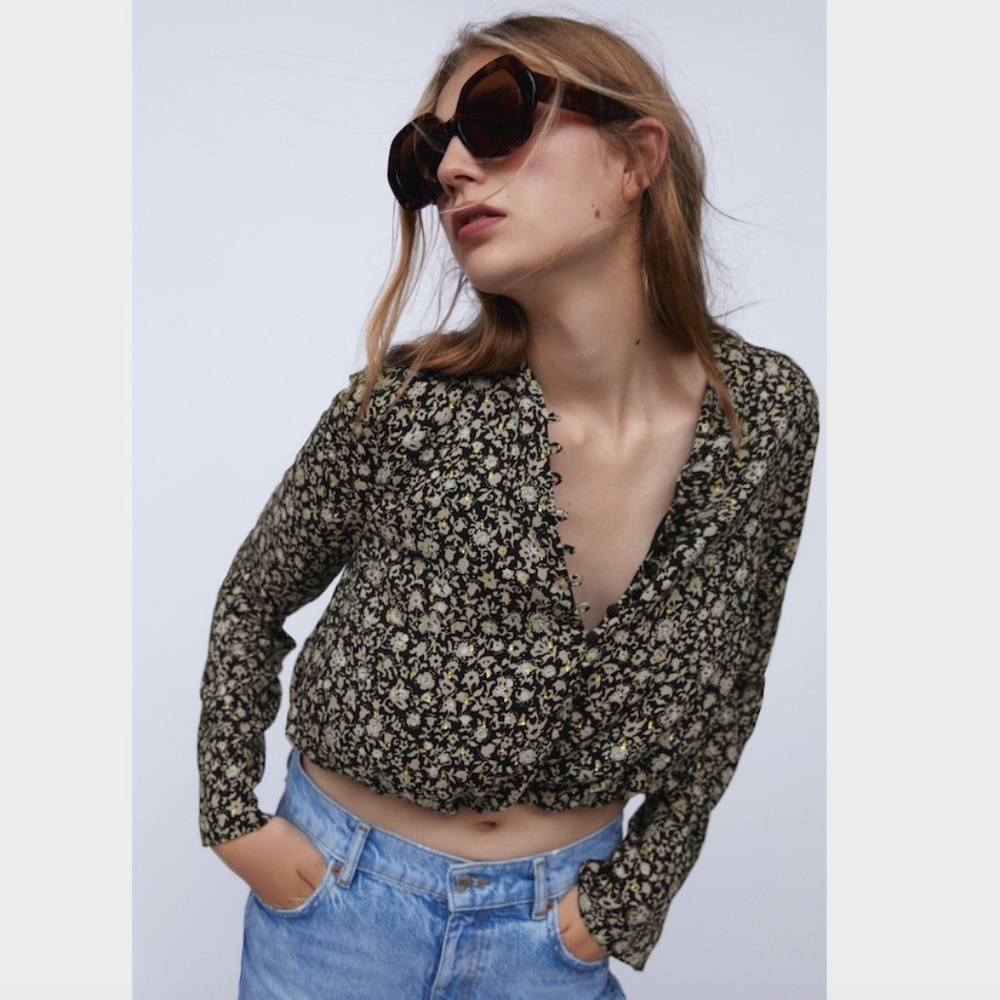 Zara Floral Long Sleeve Button up Crop Blouse - Small - Picture 2 of 8
